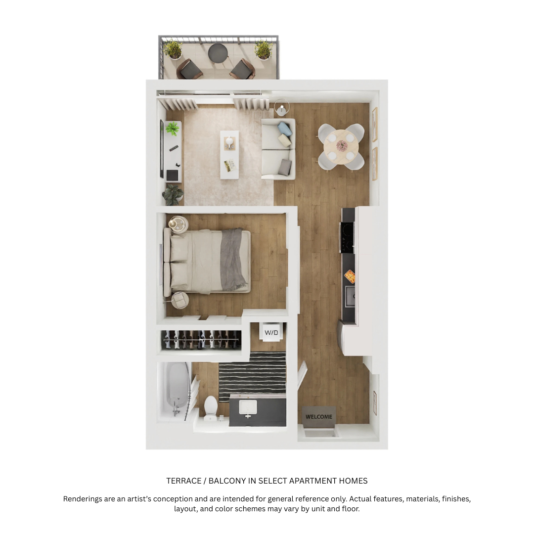 Floor plan for 1 bed, 1 bath, 509 sqft